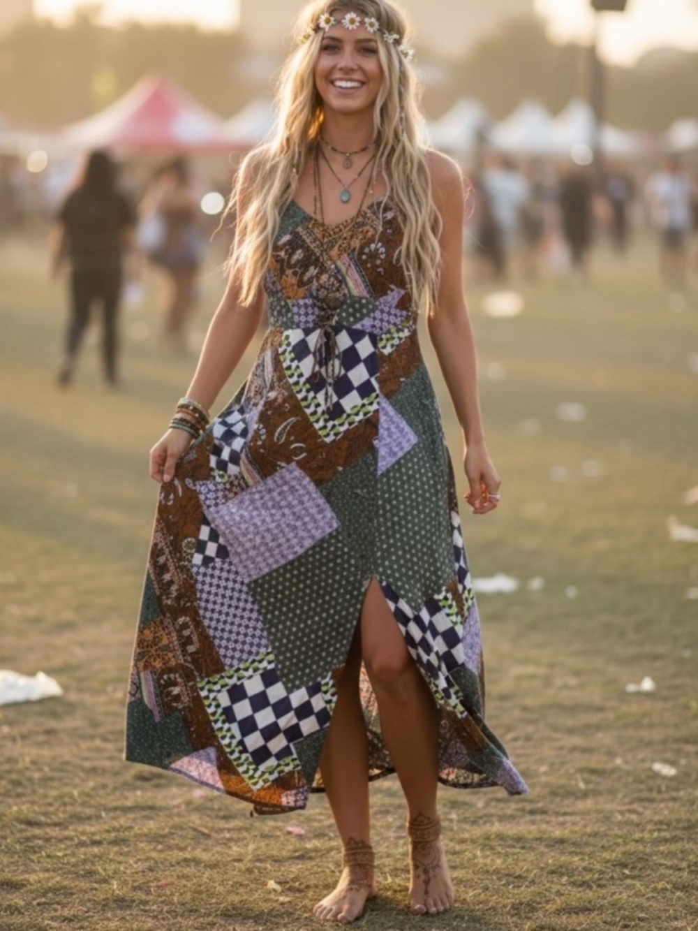 PATCHWORK BOHO MAXI DRESS CORSET LACE UP FESTIVAL HIPPIE COUNTRY CONCERT DRESS L